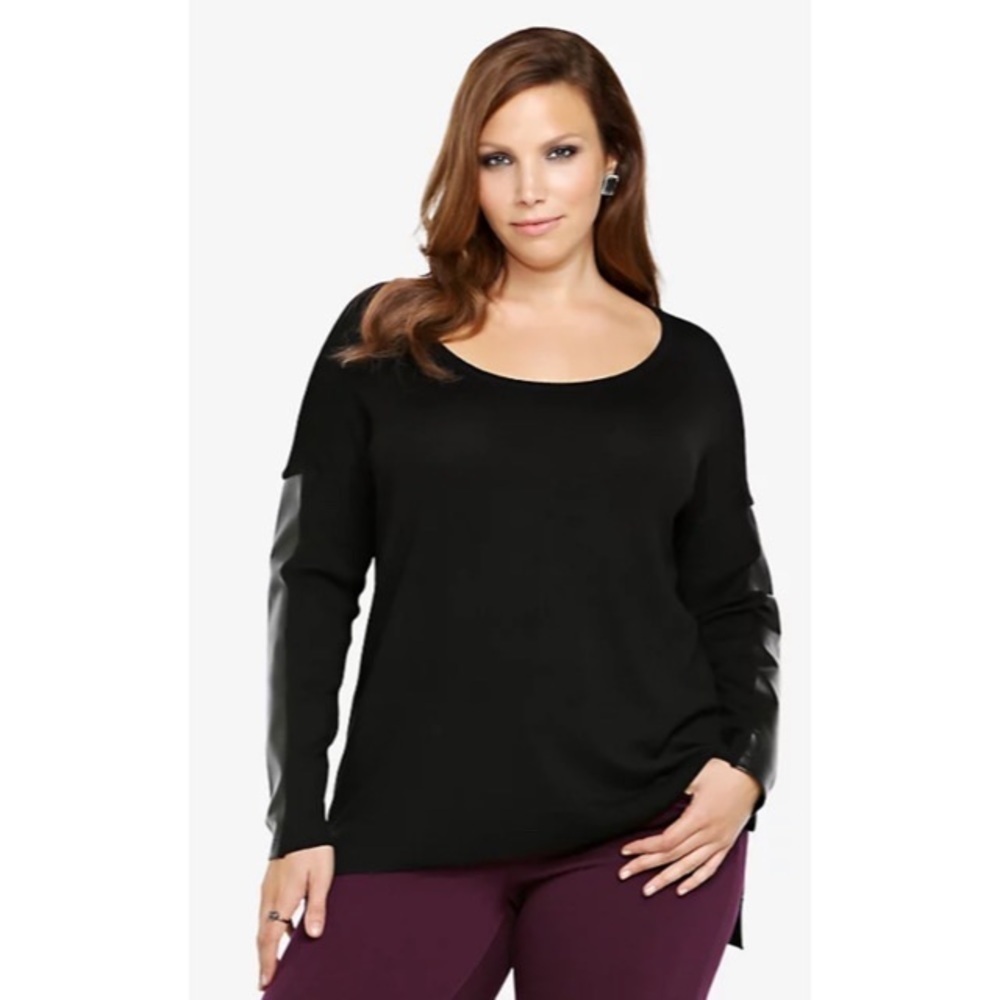 Torrid FAUX LEATHER SLEEVE SWEATER Black Pullover Long Sleeve Sz 0 (large)